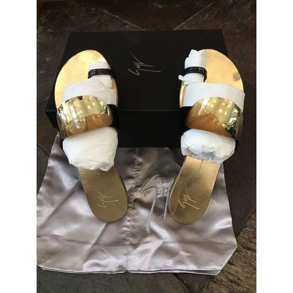 GIUSEPPE ZANOTTI Black Nero Sandal Gold Vernice Rock 38.5 US 8.5 Italy Box - Picture 1 of 10